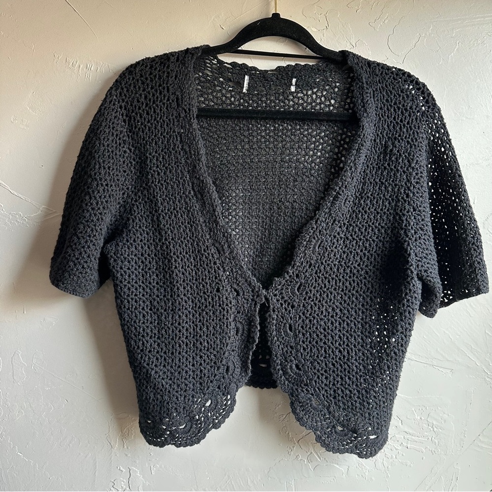 Black Crochet Open Knit Cardigan Chunky Boho Indie Grunge Layering L
